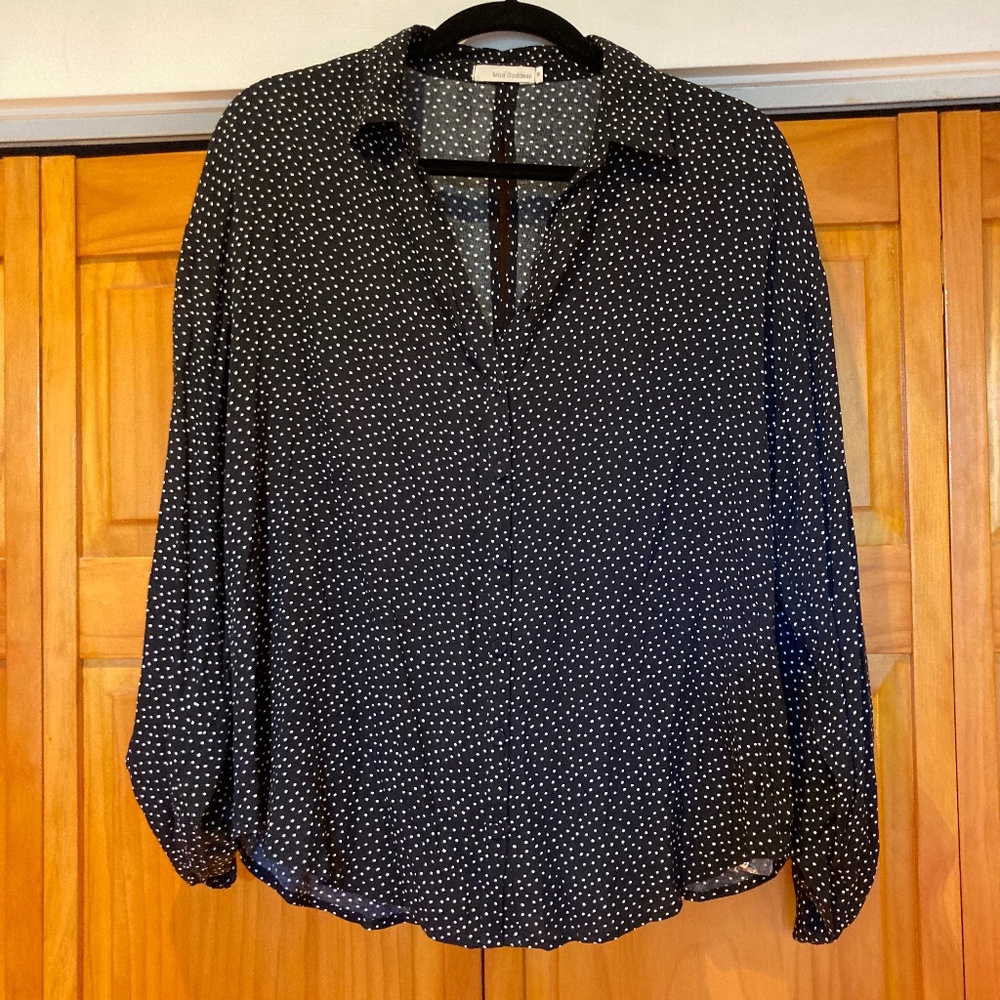 Mod Goddess Black Flowy White Polka Dot Button Down Long Sleeve Blouse Size Med